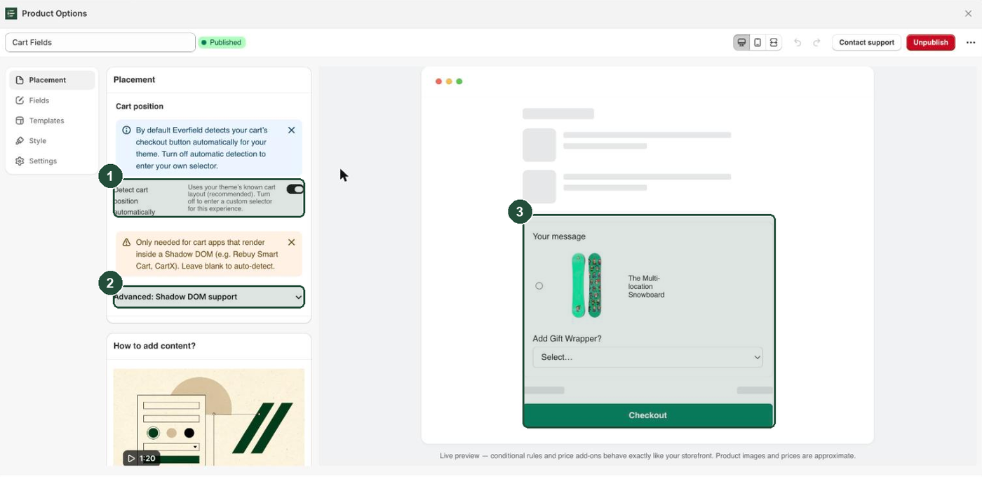 The Placement tab of a cart experience with the Cart position section, the Shadow DOM section, and the live preview