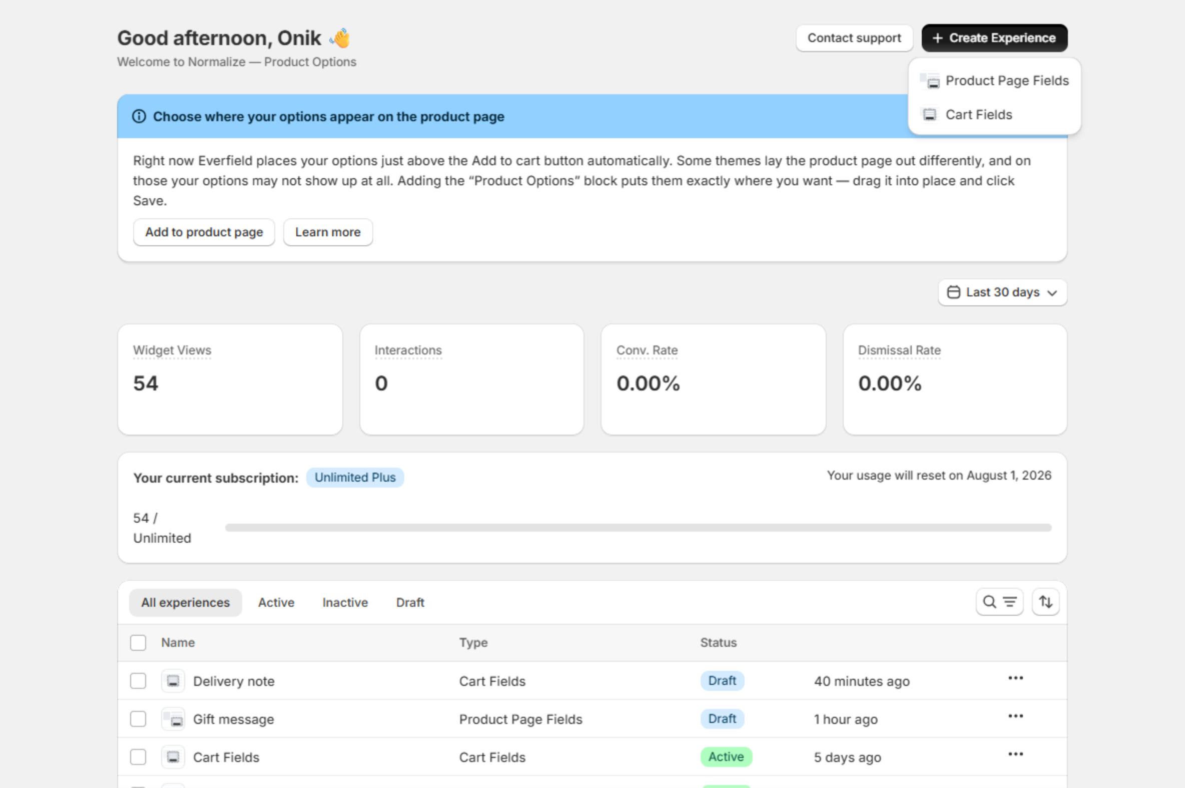 The Create Experience menu open on the Everfield dashboard showing Product Page Fields and Cart Fields