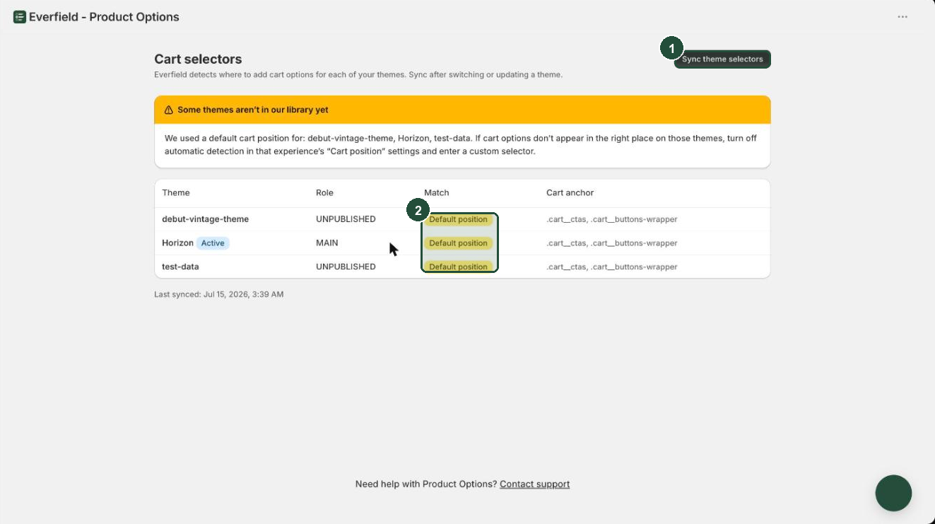 The Cart selectors page listing three themes with their Role, Match badge and Cart anchor