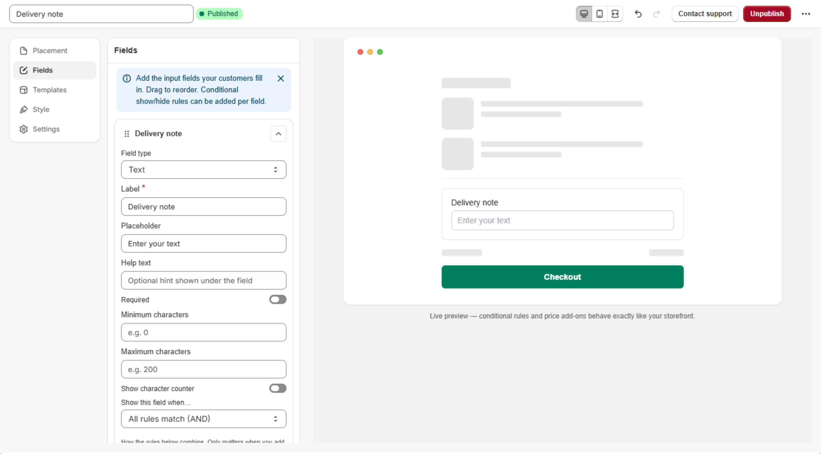 The Everfield builder with the Delivery note experience showing the Published badge and a text field configured