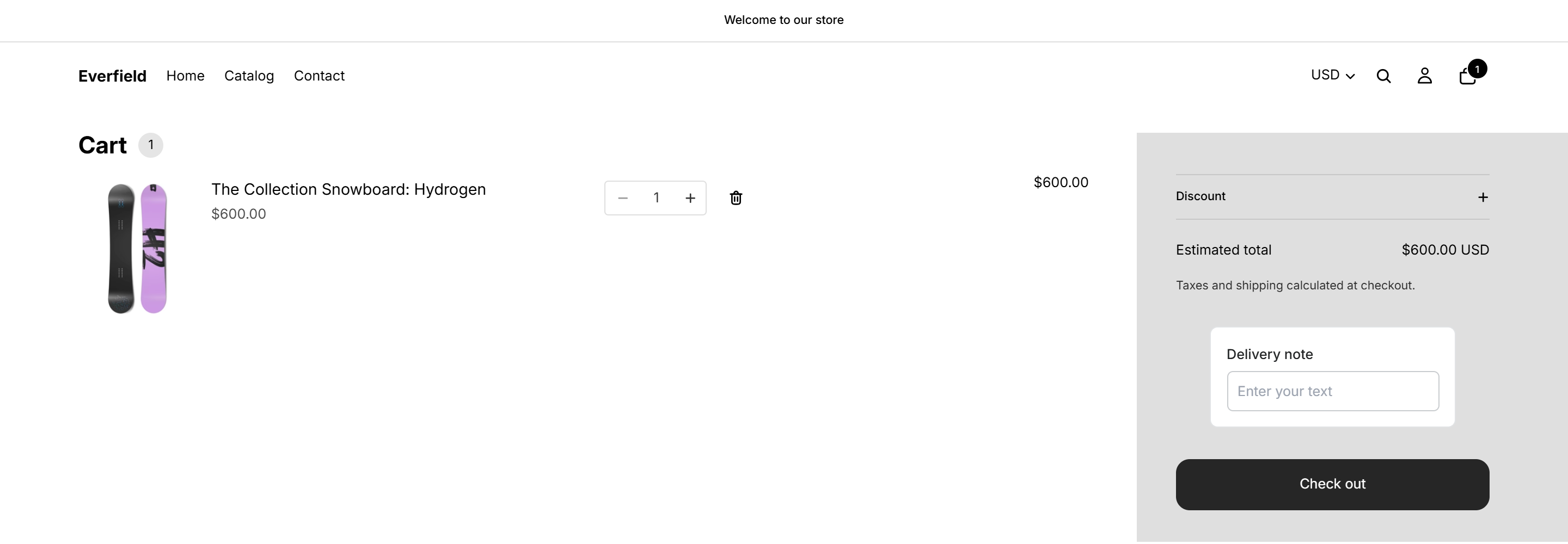 A Shopify cart page with a Delivery note field showing above the Check out button