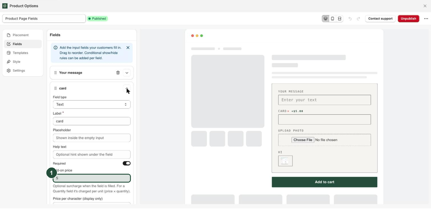 Everfield field editor with a Text field expanded, showing the Add-on price box filled in with 5