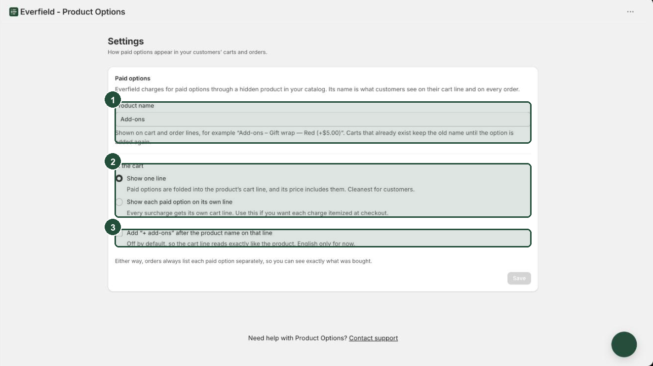 Everfield Settings page showing the Paid options card with the Product name field, the In the cart choices, and the add-ons suffix checkbox