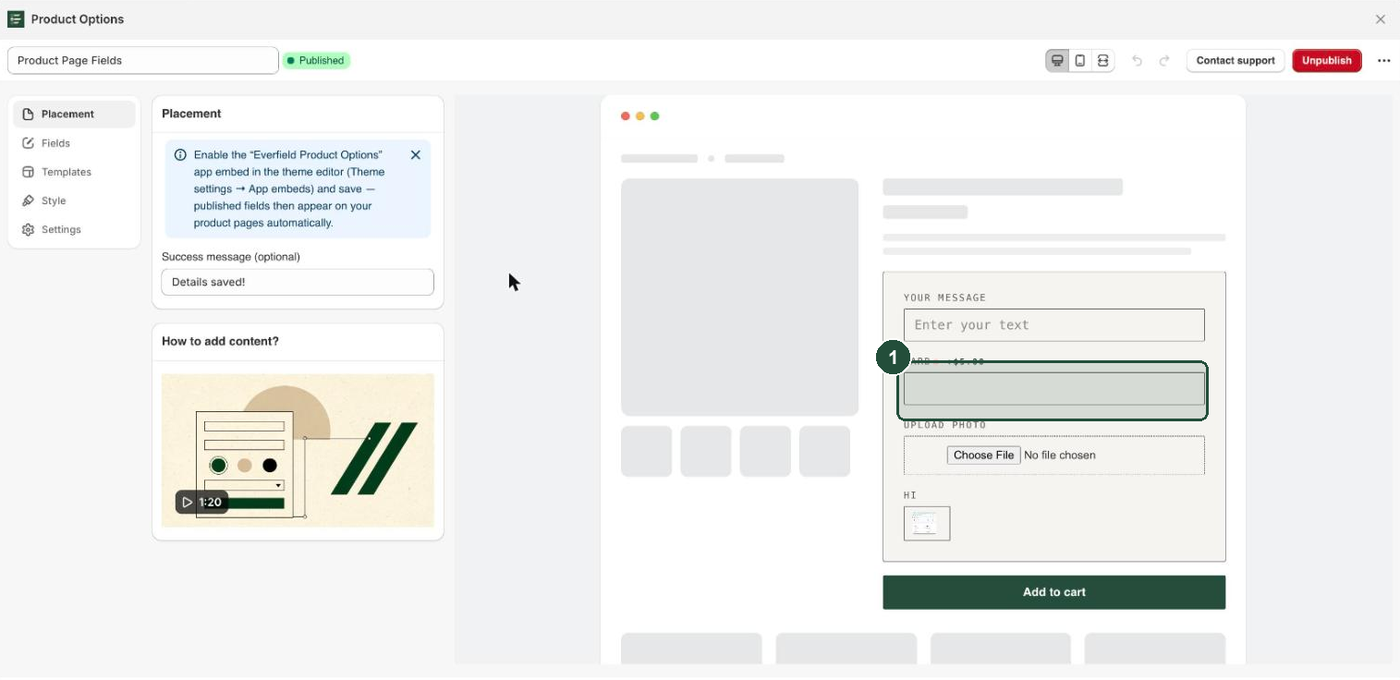 The Everfield builder with an upload field in the live preview, showing the file picker under the field label