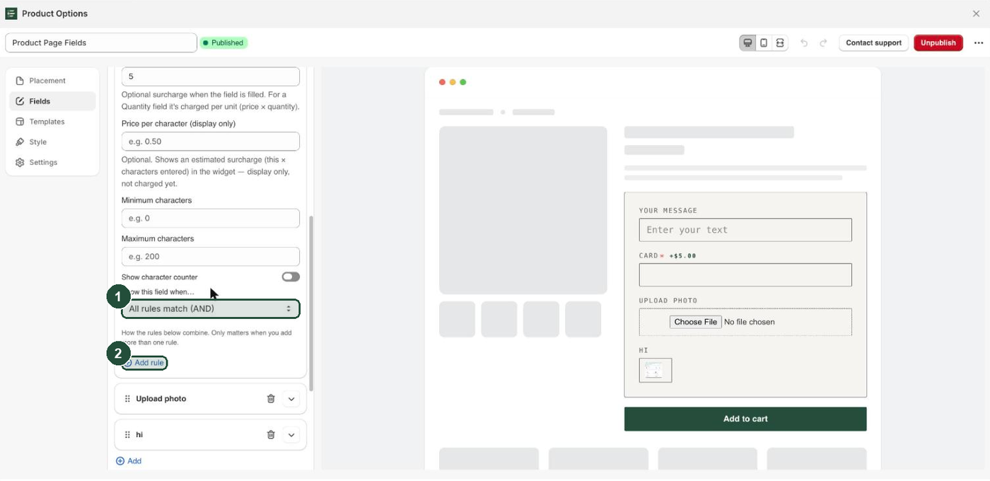 The Fields tab of the Everfield customizer with a field expanded, showing the Show this field when dropdown set to All rules match (AND) and the Add rule button below it