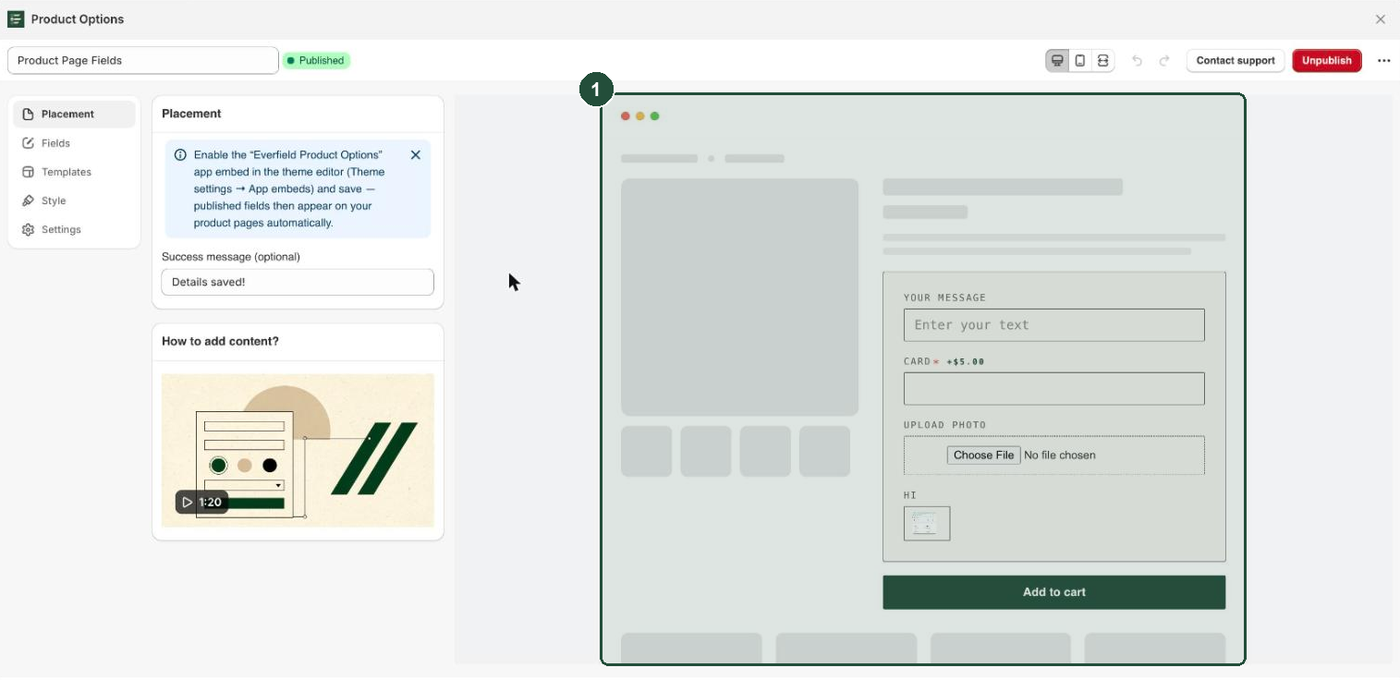 The Everfield customizer with the live preview panel on the right showing the rendered fields