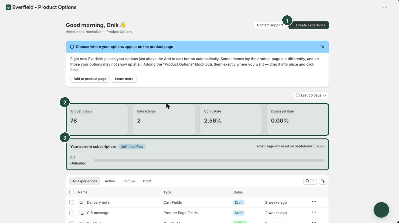The Everfield dashboard with the Create Experience button at the top right, metric cards below it, and a plan usage bar