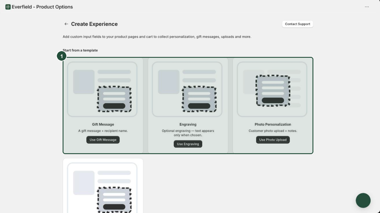 The Create Experience page showing the four starter template cards