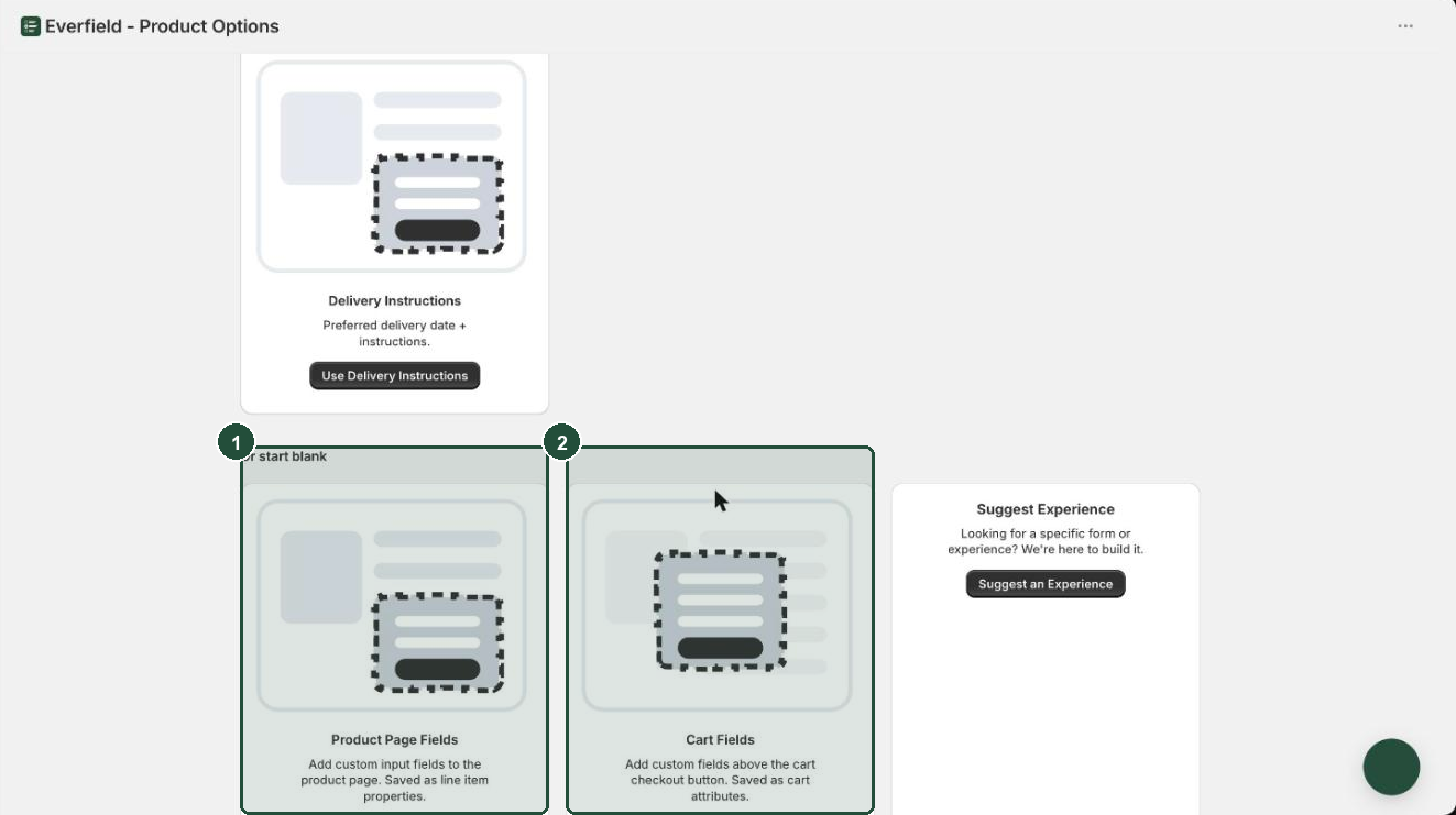 The Or start blank section showing the Product Page Fields and Cart Fields cards