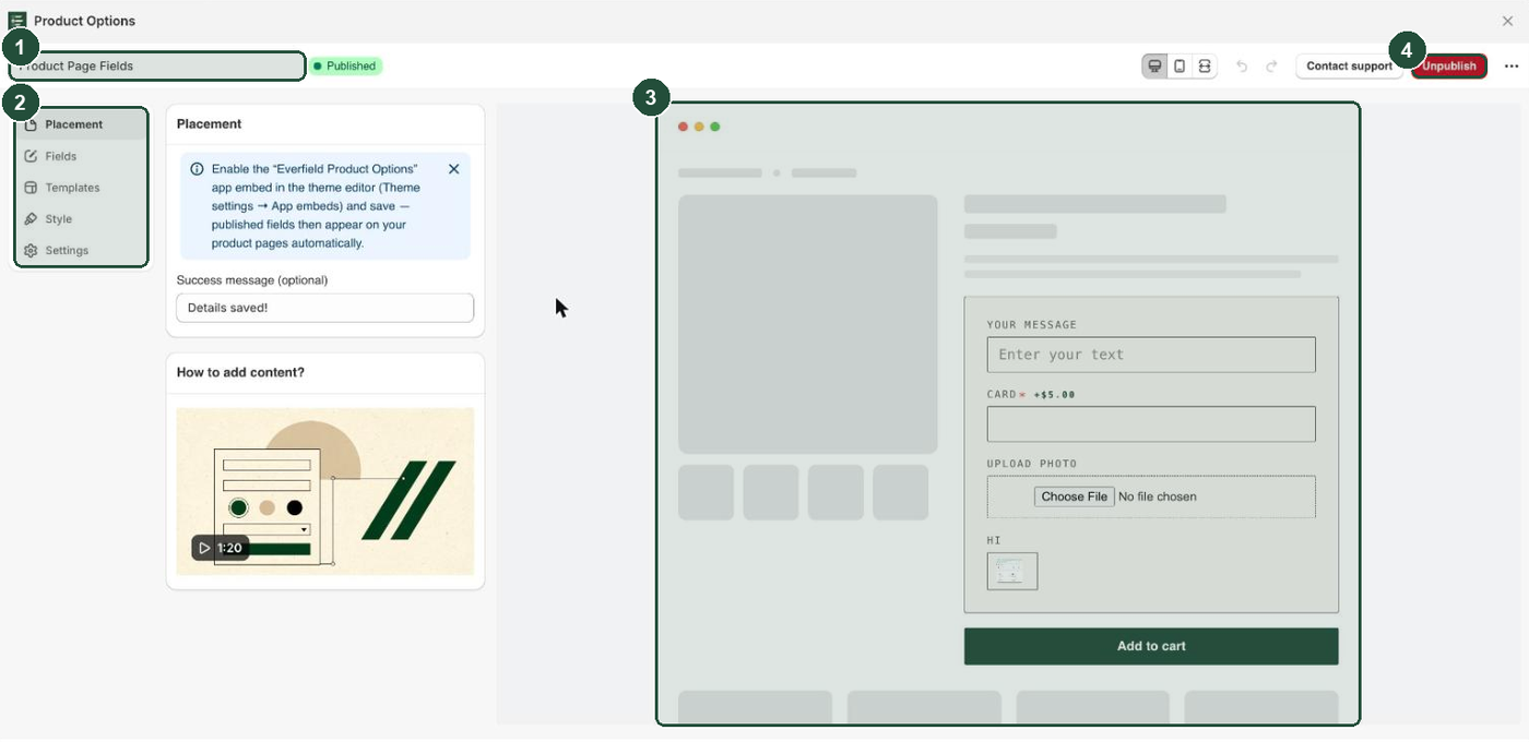 The Everfield builder open on the Placement tab, with the name box, the tab list, the live preview and the primary button