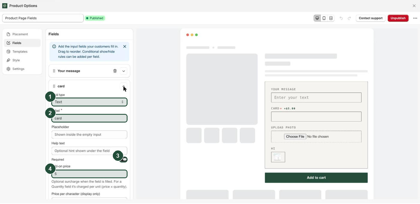 The Everfield field editor with the Field type, Label and Required controls visible