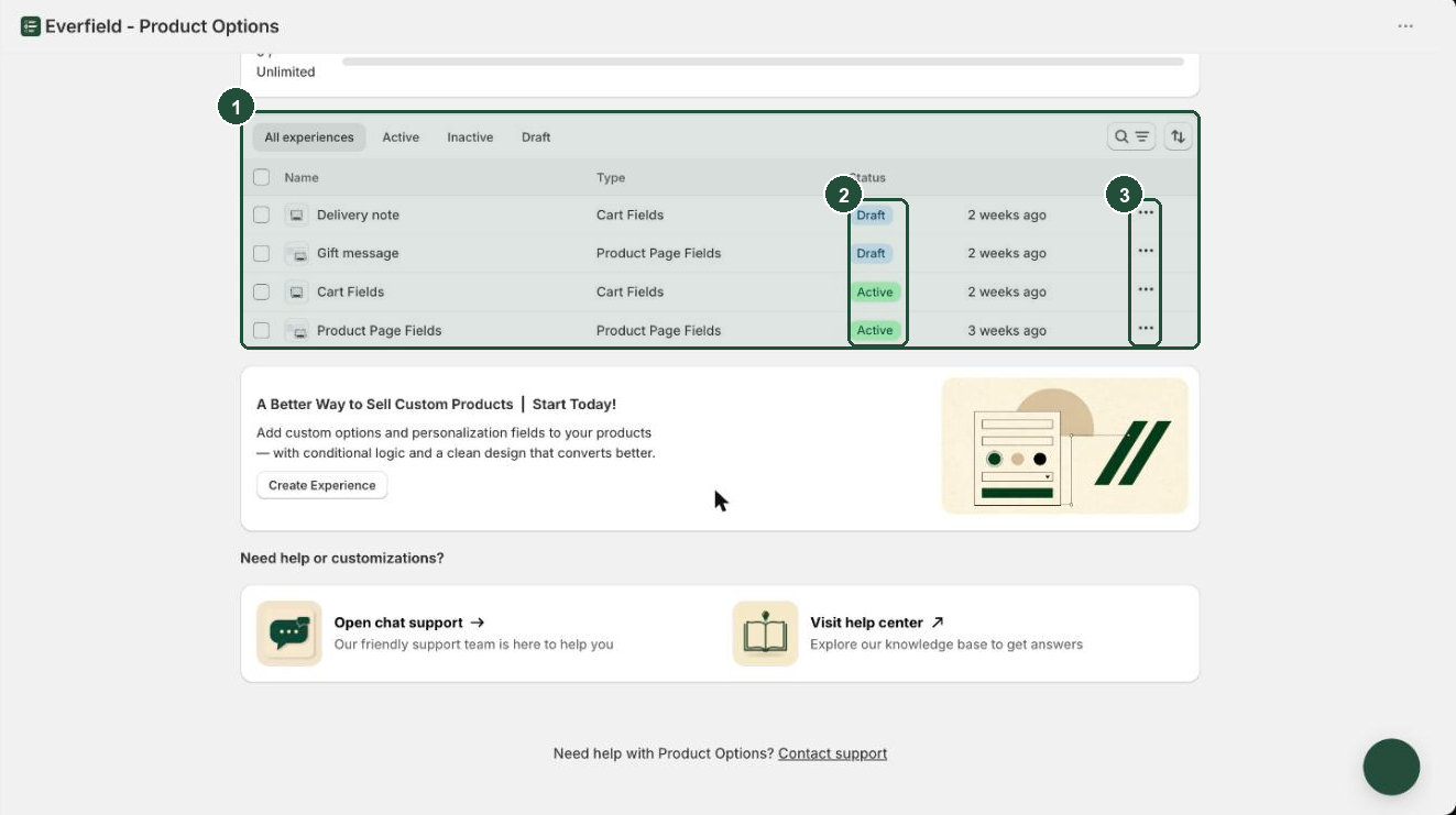 The Everfield dashboard experiences list showing name, type and status for each experience
