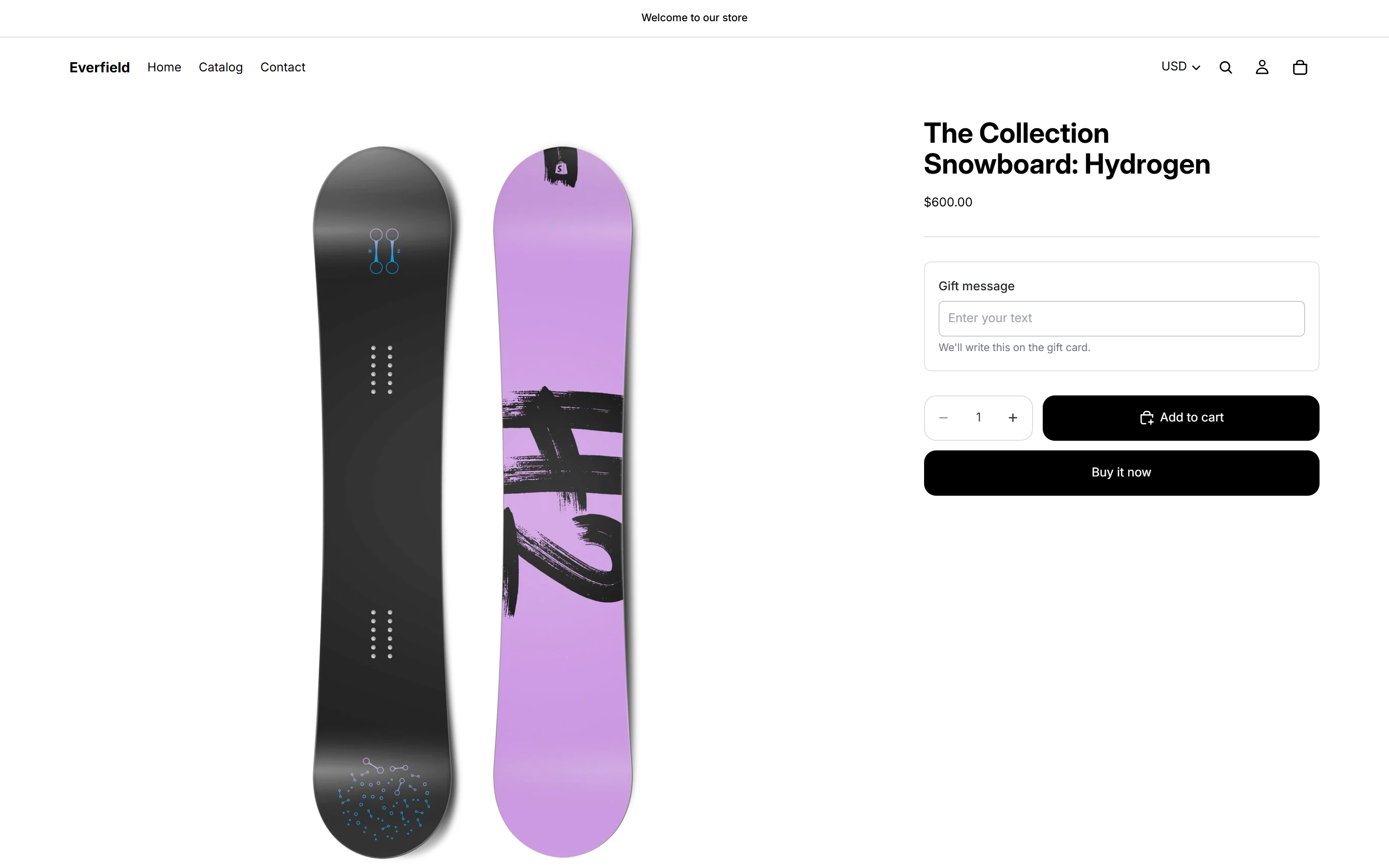 A storefront product page with the Gift message field and its help text shown above the Add to cart button