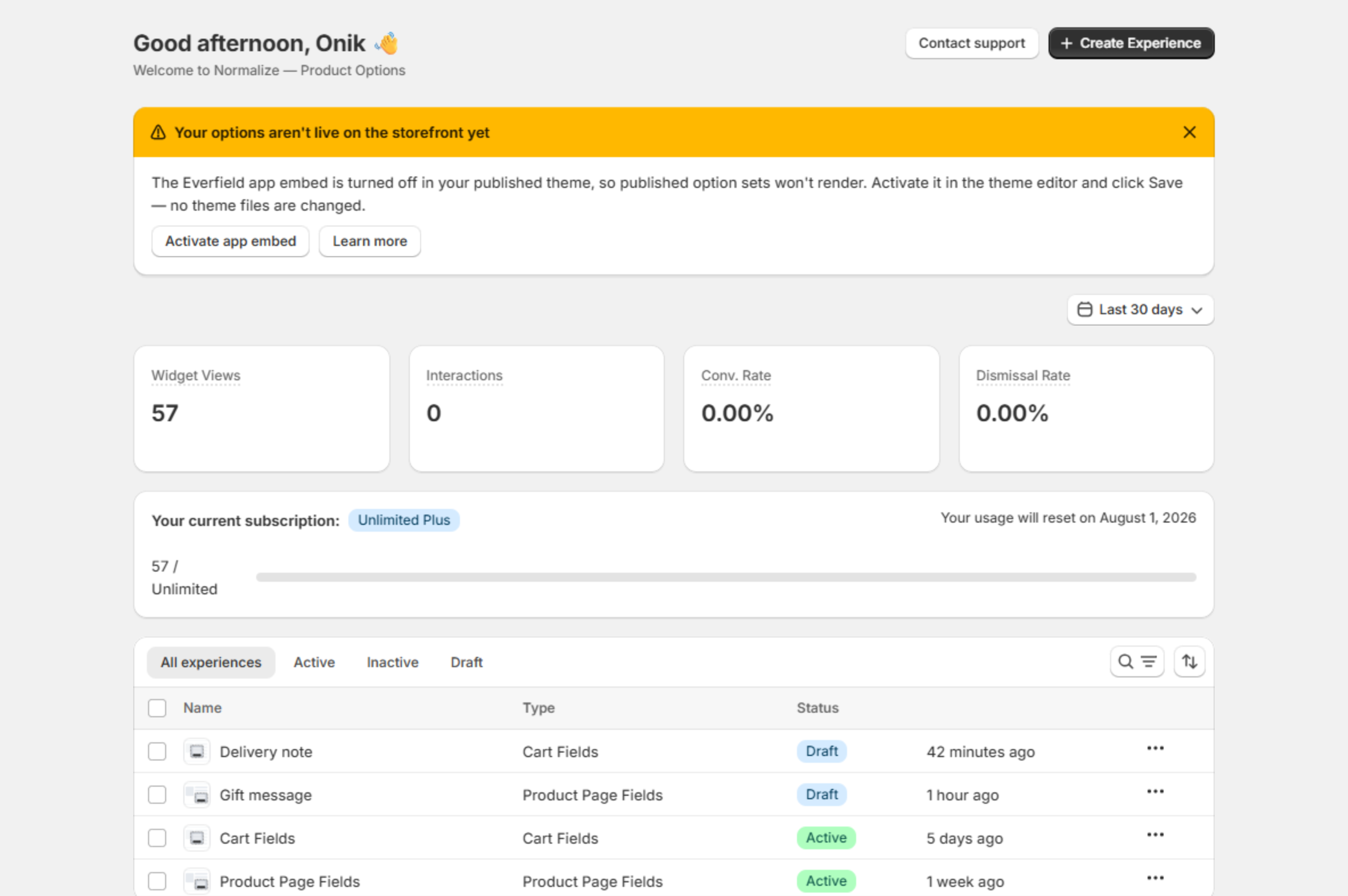 Everfield dashboard with an orange warning banner reading 