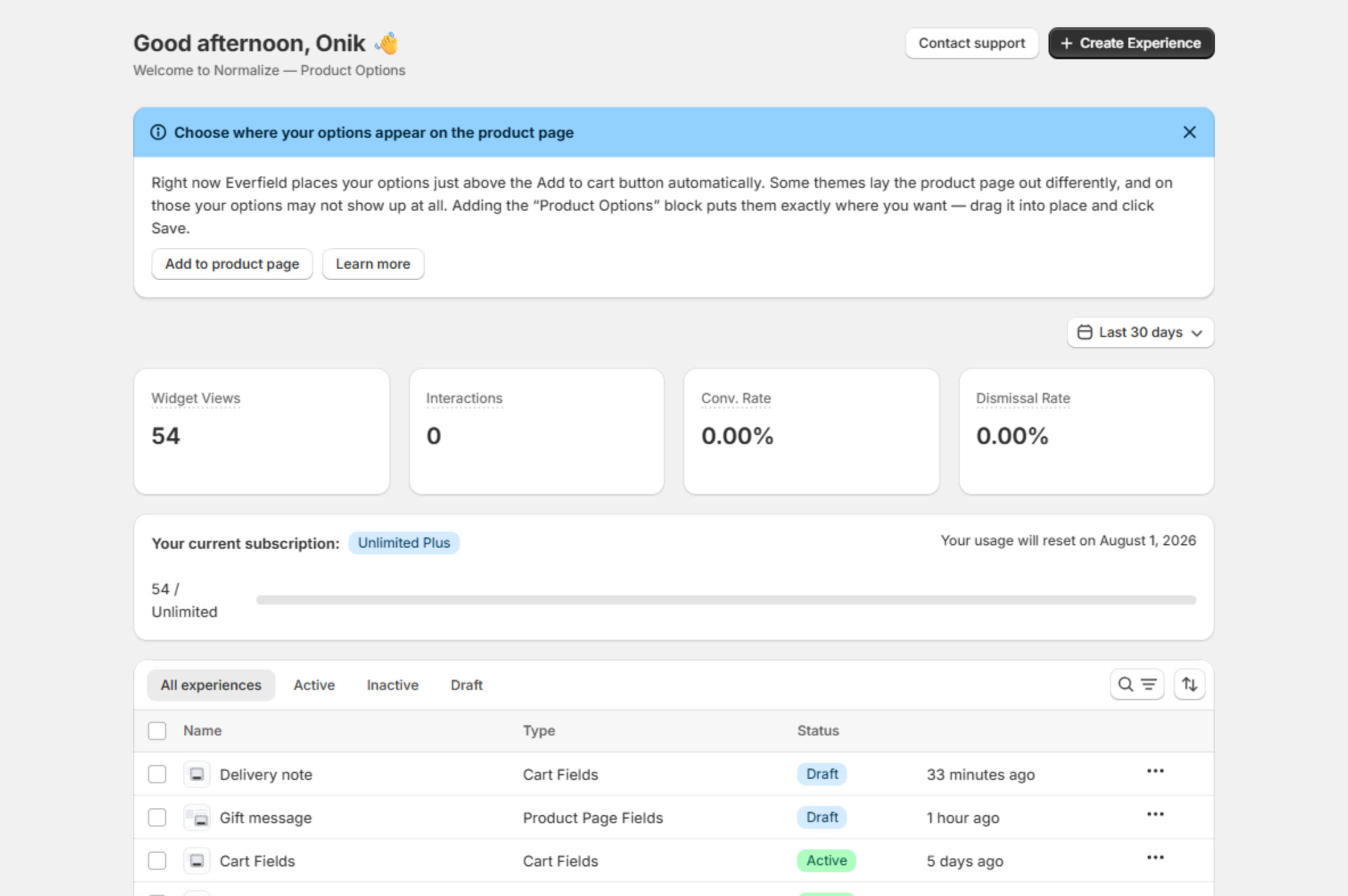 Everfield dashboard after saving, with the warning gone and a blue info banner titled 