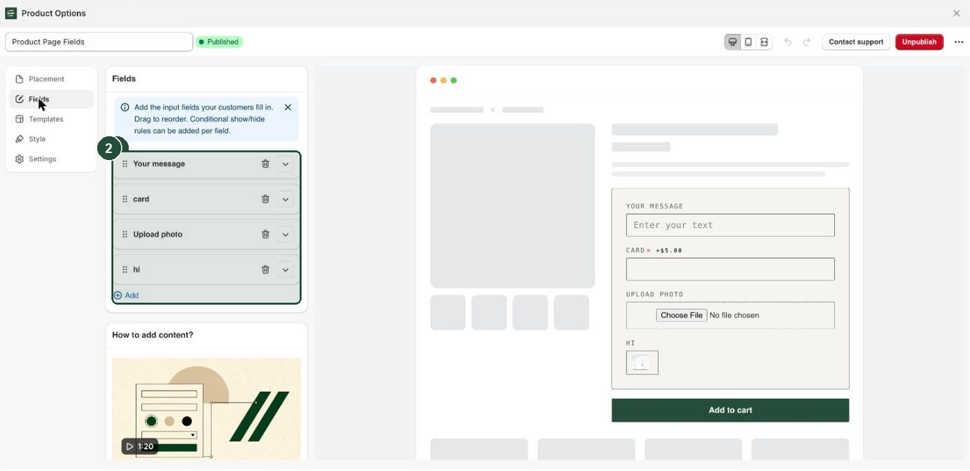 The Fields tab of the Everfield builder, showing a list of four field rows with drag handles, delete icons and expand chevrons