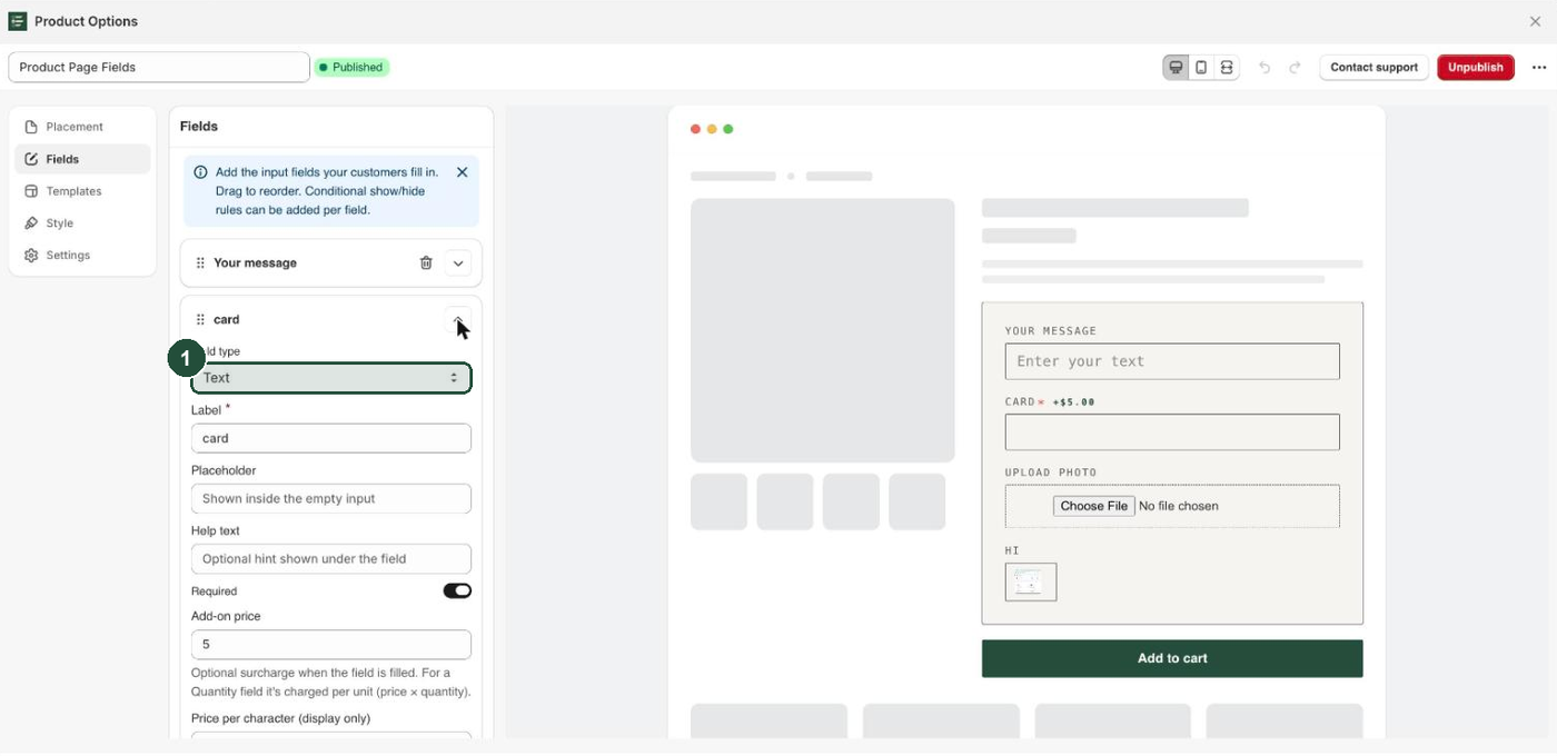 An expanded field editor with the Field type dropdown at the top, set to Text
