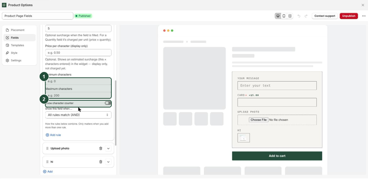 The field editor scrolled to the character settings, showing Minimum characters, Maximum characters and the Show character counter toggle