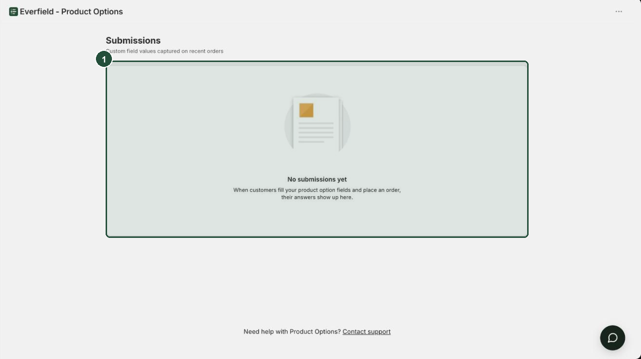 The Everfield Submissions page showing the empty state, headed 