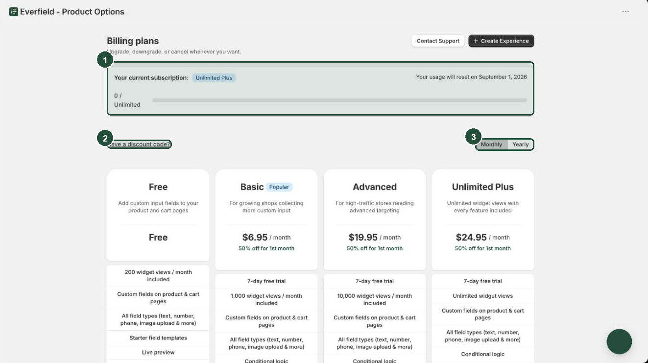 The Everfield Billing plans page showing the current subscription and usage card, the discount code link, the monthly and yearly toggle, and the four plan cards