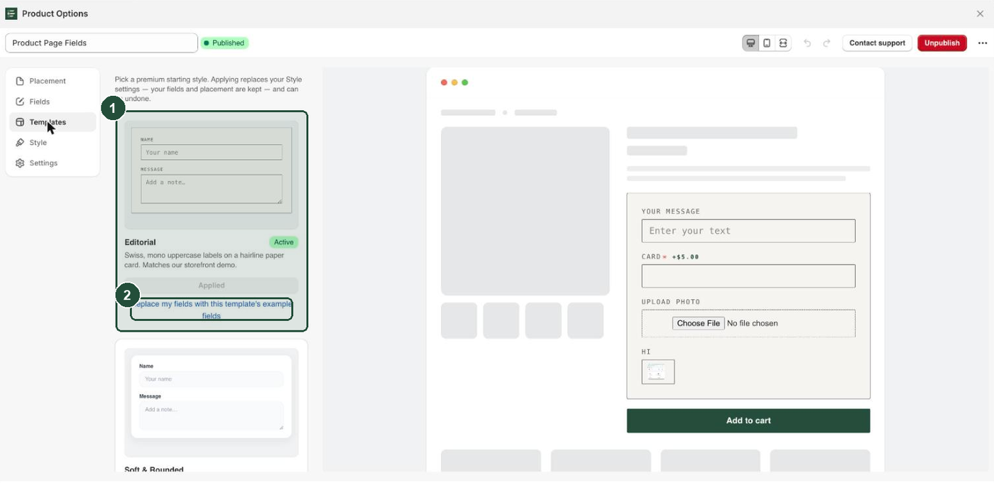 The Templates tab in the Everfield builder, showing style template cards with live thumbnails next to the live preview
