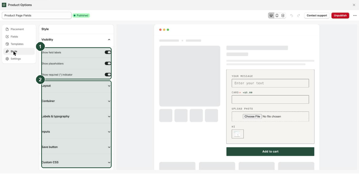 The Style tab open, with the Visibility toggles expanded above the collapsed Layout, Container, Labels & typography, Inputs, Save button and Custom CSS sections