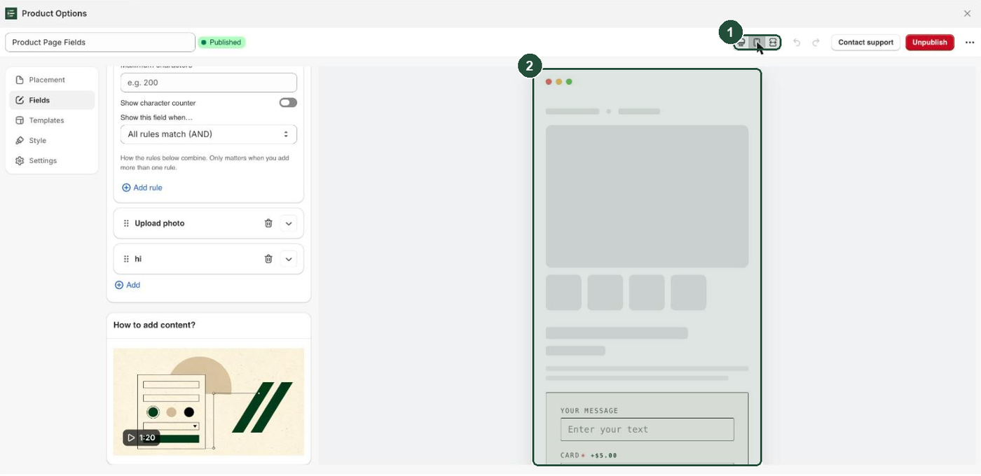 The builder with the preview switched to the mobile phone frame, showing the options box at phone width