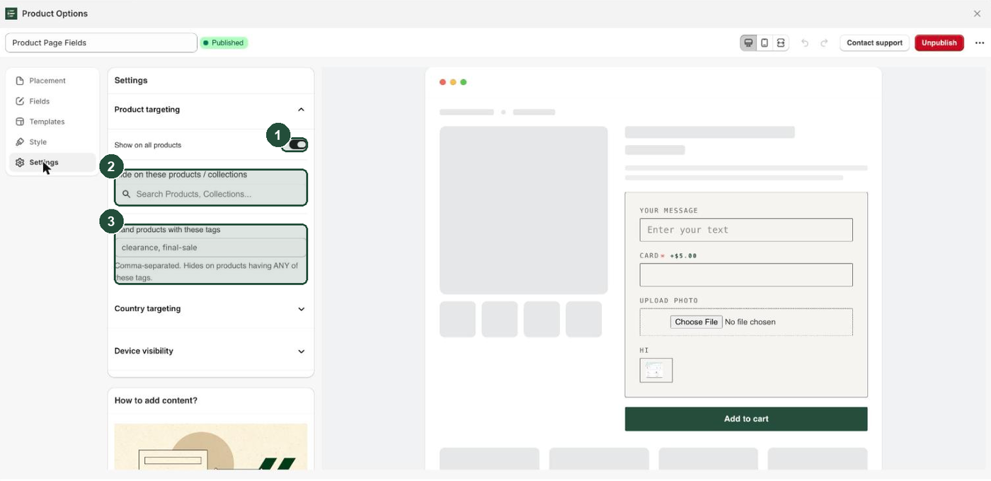 The Settings tab of the Everfield customizer showing the Product targeting section with the Show on all products toggle and the exception fields beneath it