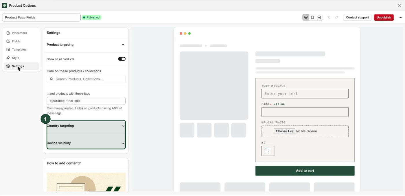 The Settings tab of the Everfield customizer showing the Country targeting and Device visibility sections