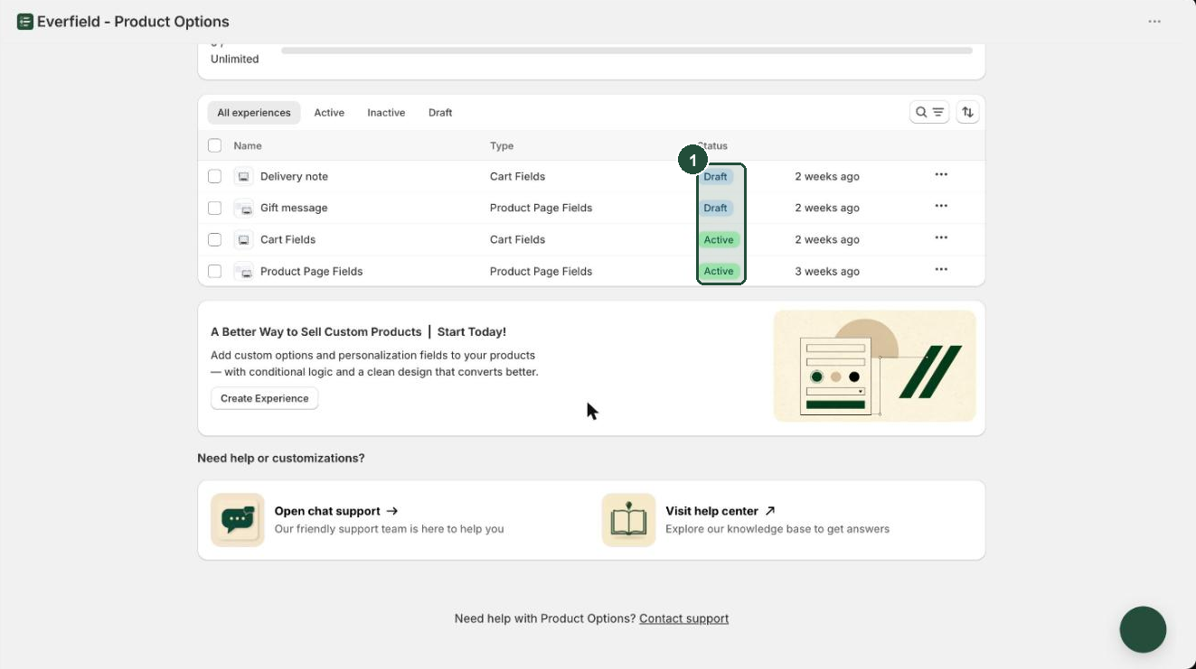Everfield dashboard experience list with the Status column highlighted, showing two Draft rows and two Active rows