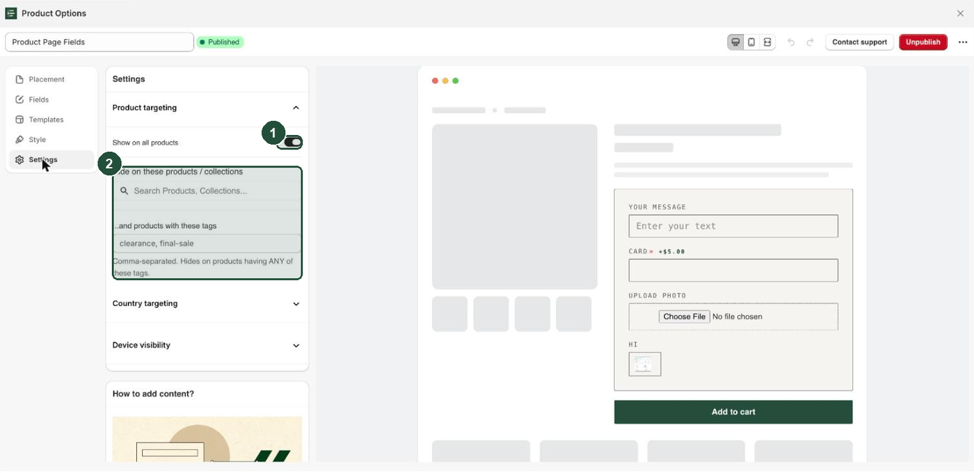 Everfield customizer Settings tab with the Show on all products toggle and the product and tag exclusion fields highlighted