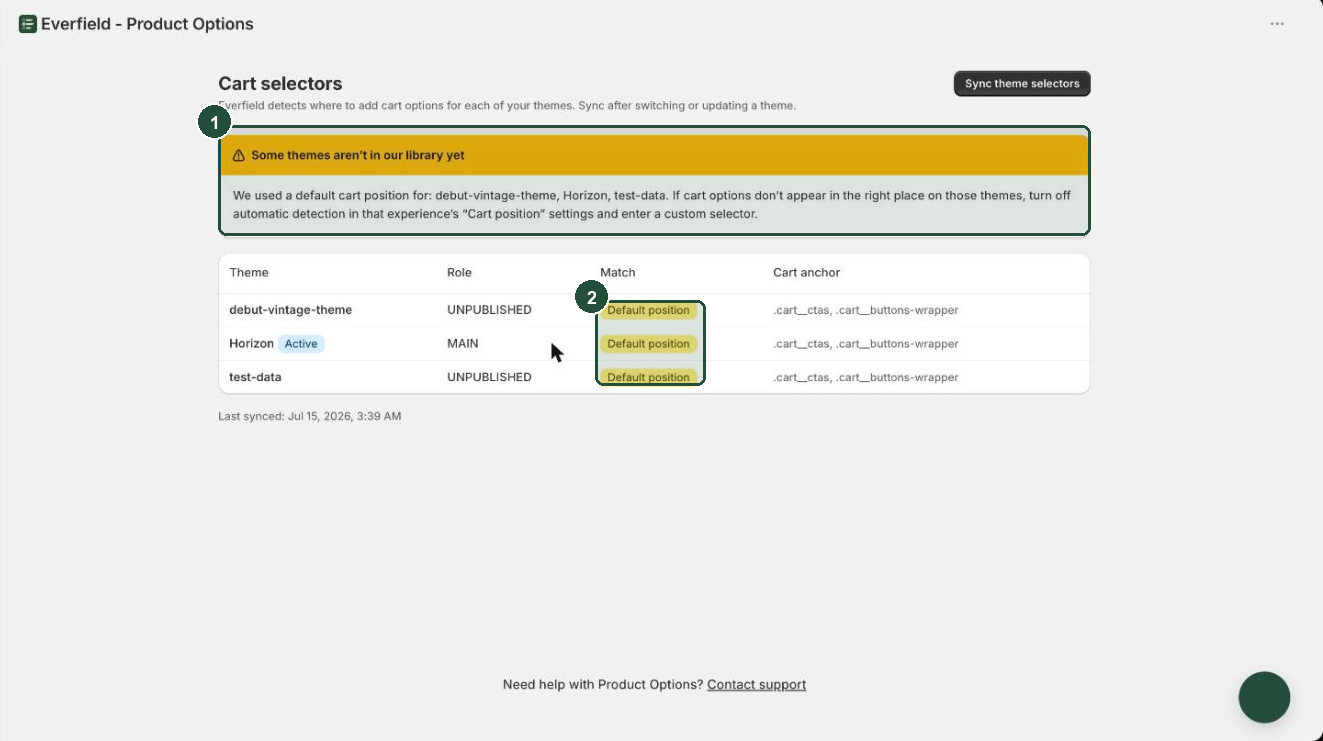 Everfield Cart selectors page with the unknown-theme warning banner and the Default position badges highlighted