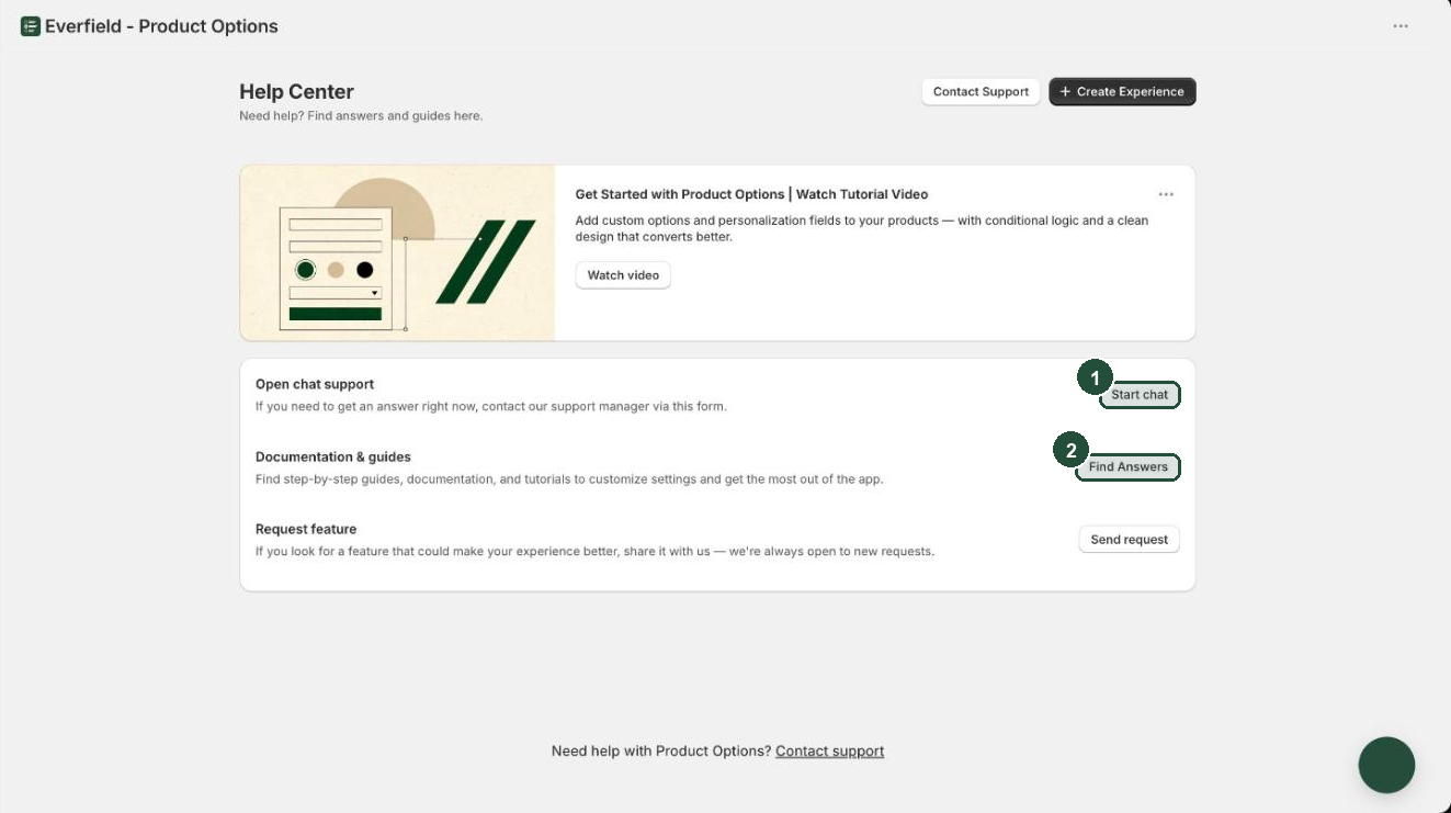 Everfield Help Center page with the Start chat and Find Answers buttons highlighted