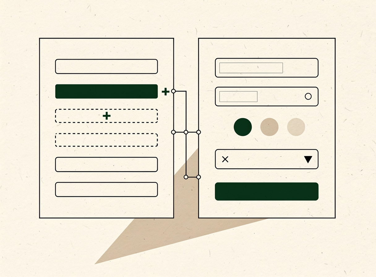 Geometric illustration of the visual builder mirrored by a live preview panel