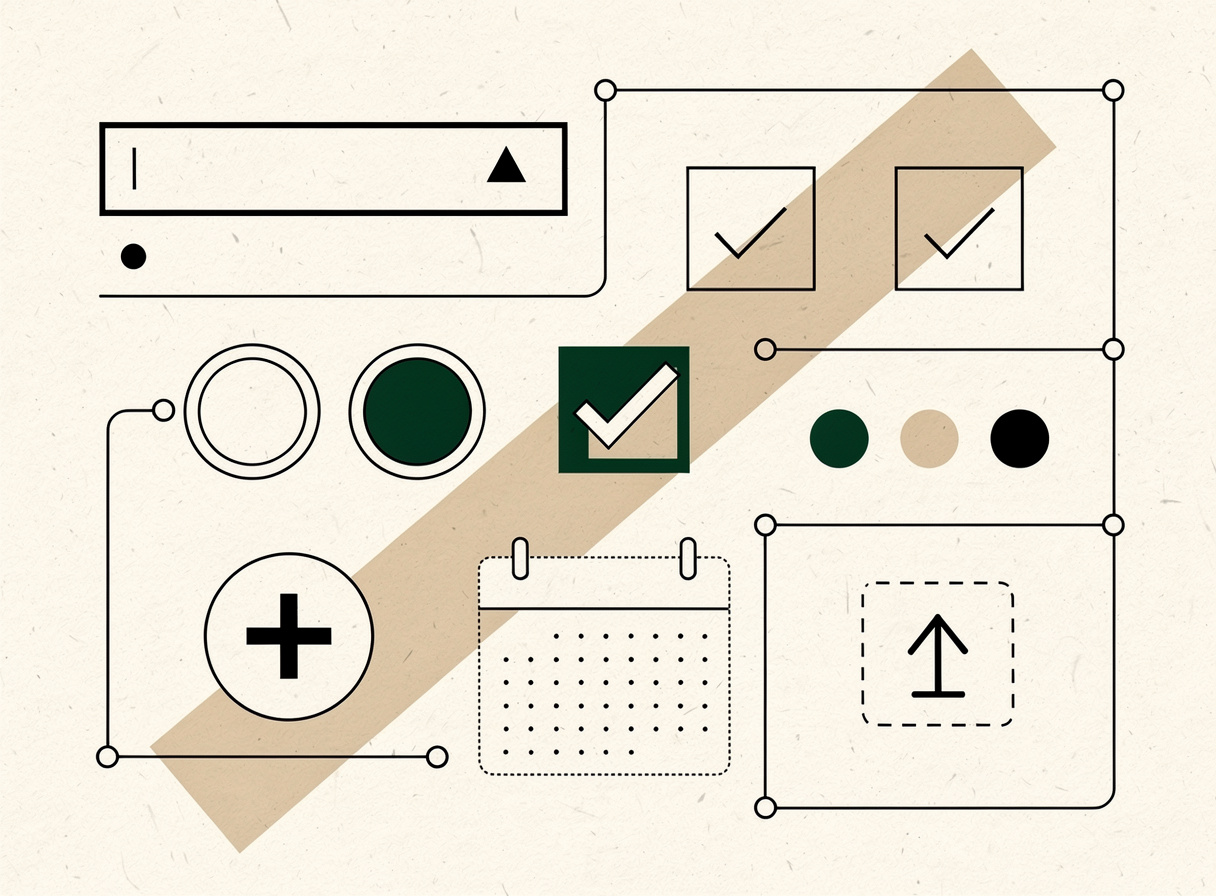 Geometric illustration of input field types — text, dropdown, radios, checkboxes, swatches, date, upload and price add-on