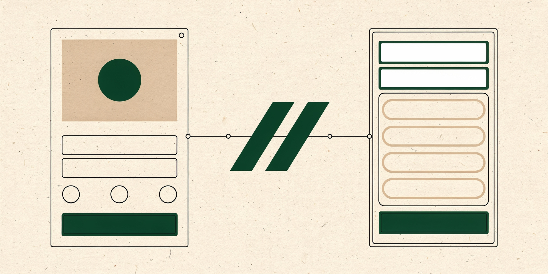 Abstract geometric illustration of a product page form and a cart drawer joined by a construction line around a double-slash mark