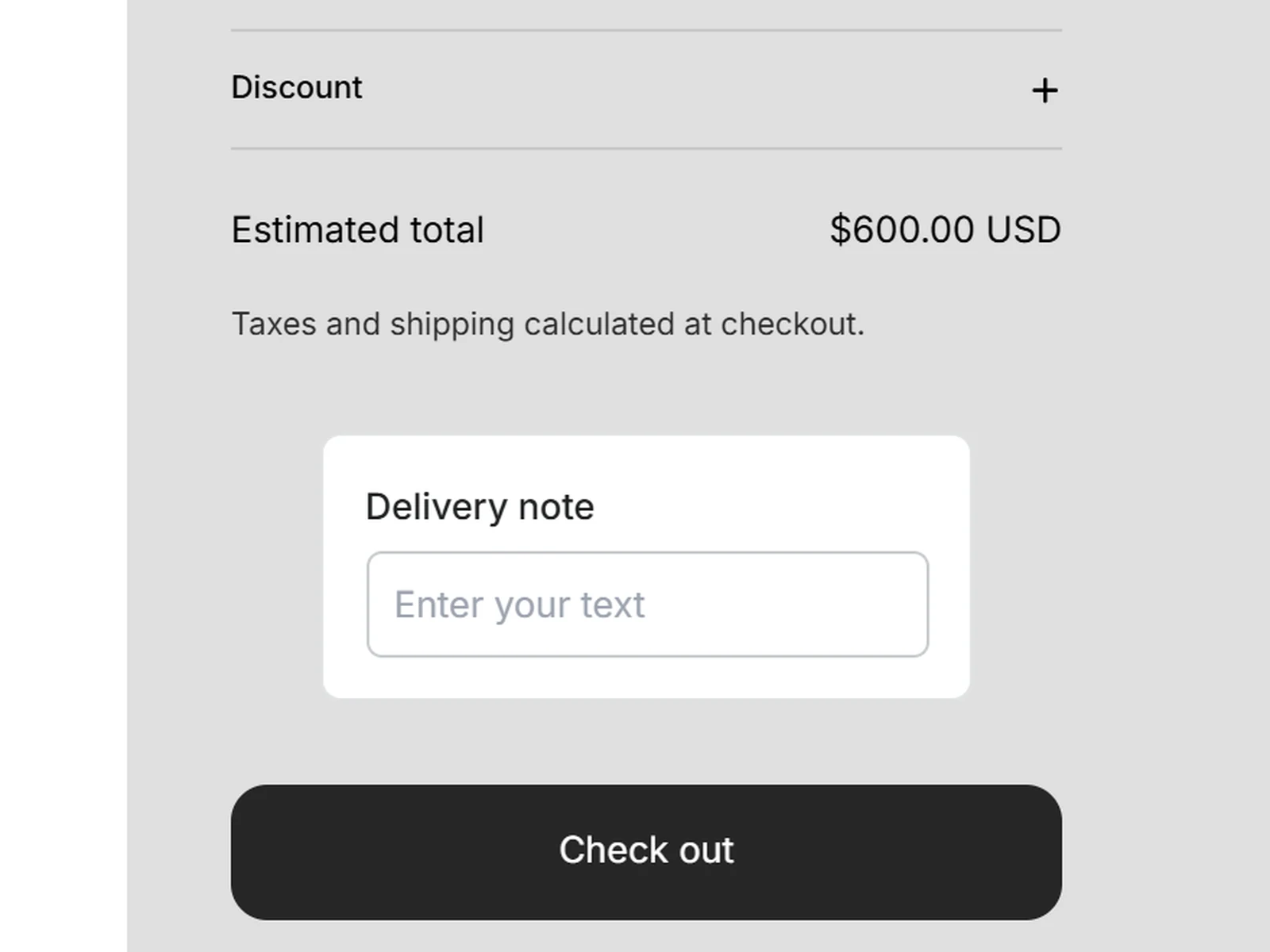 A storefront cart with an Everfield Delivery note field above the Check out button
