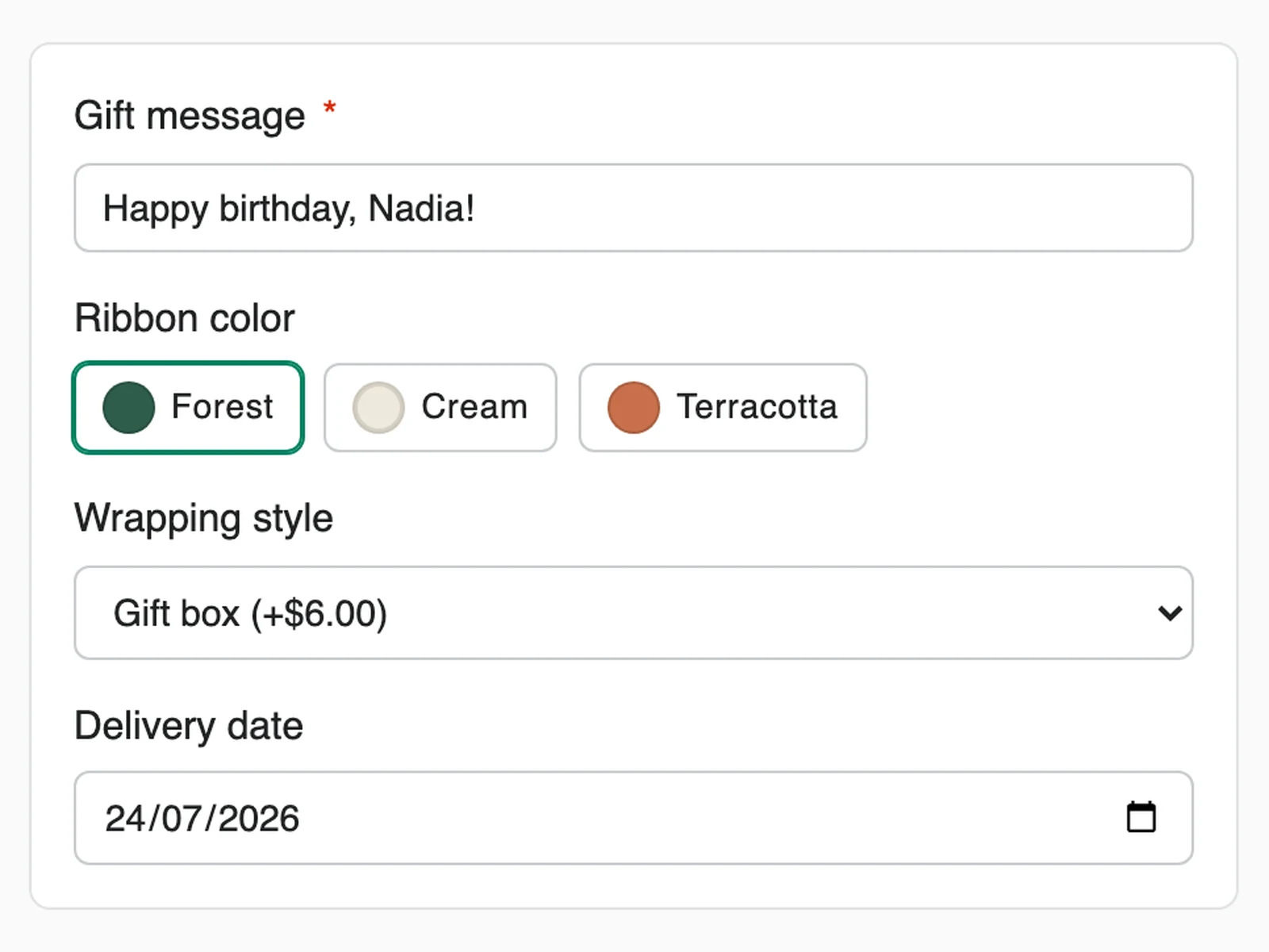 An Everfield widget on a storefront with a gift message text field, ribbon colour swatches, a wrapping-style dropdown with a price add-on, and a delivery date field