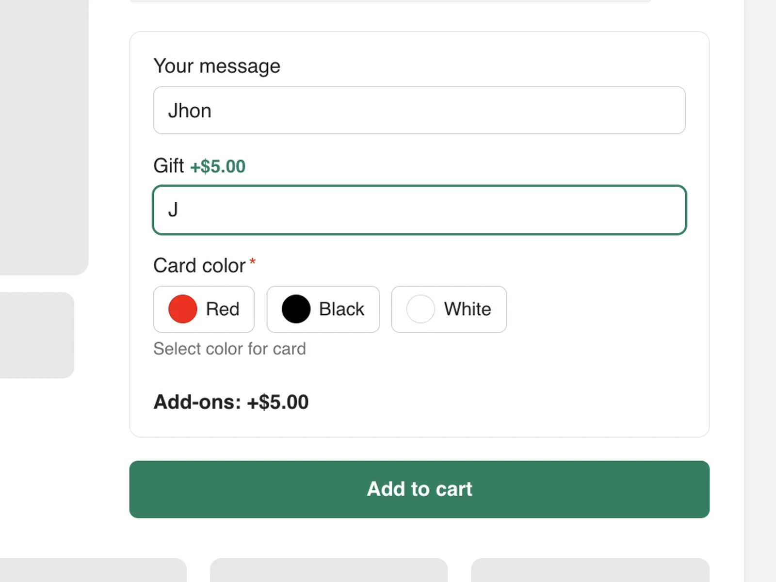 The Everfield builder's live preview rendering the storefront widget with a message field, a priced gift field, colour swatches, an add-ons total and the Add to cart button